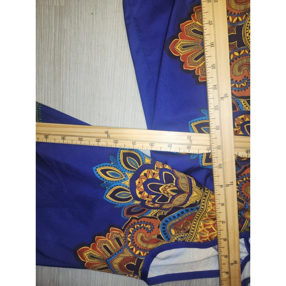 Boho Cold Shoulder Mini Dress Blue Orange Paisley Tribal Bell Sleeve Summer - Picture 6 of 7